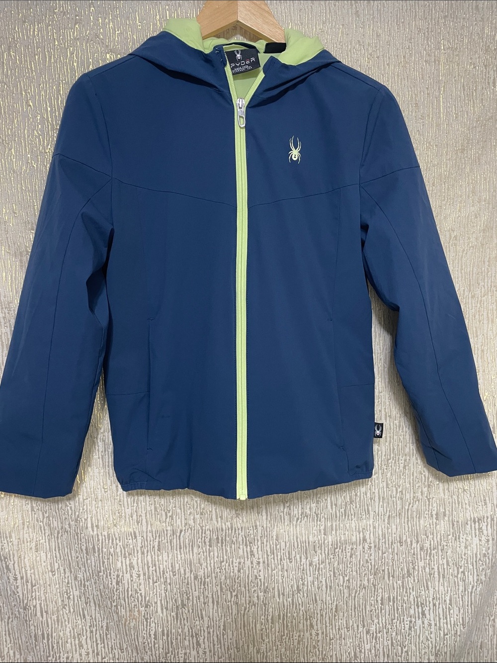 Spyder Boys Navy and Lime Green Hooded Puffer Jacket Sz 10-12 New